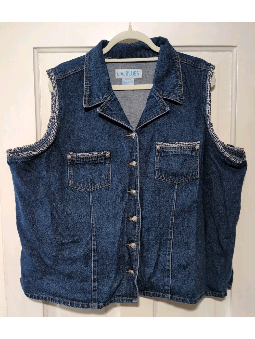 Vintage 90s L.A. Blues Denim Vest 26/28W Blue Gingham Ruffle Trim Woman's(1491)D